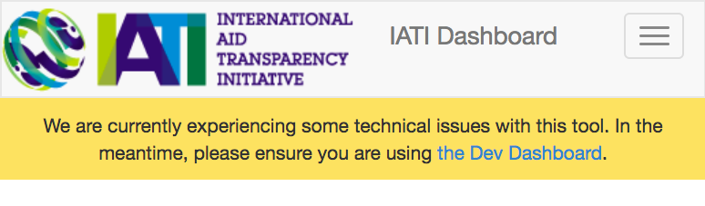 A screenshot of the broken IATI dashboard