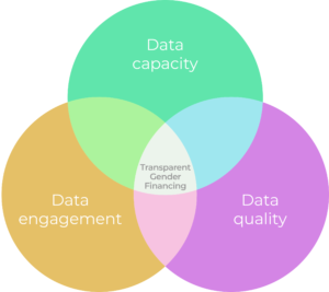 Venn diagram with three circles showing critical areas for international donors and platforms to make gender financing more transparent: data capacity, data engagement, and data quality.