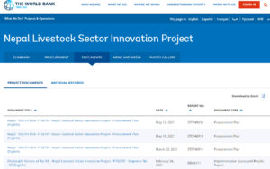 Screenshot of the World Bank Nepal livestock sector innovation project documents list as an example of good practice on data comprehensiveness.