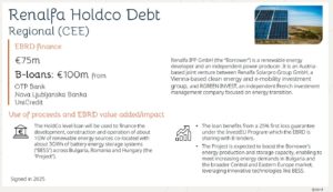 A screenshot from an EBRD booklet about mobilisation. The screenshot is of a case study of a syndicated A/B loan to Renalfa, a renewable energy developer and independent power producer. The case study identifies the banks - OTB Bank, Nova Ljubljanska Banka, and UniCredit - that EBRD mobilised to finance B loans for the investment.