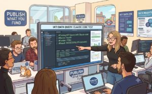 Cartoon image of Publish What You Fund office staff collaborating to use and AI agent to search IATI data. 